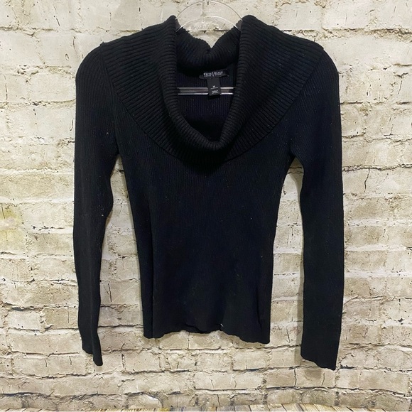 WHBM Black Metallic Weave Ribbed Cowl Neck Sweater - Picture 1 of 5